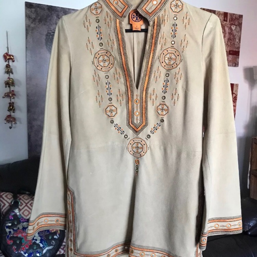 Tory Burch Nude Orange Suede Embroidered Tunic